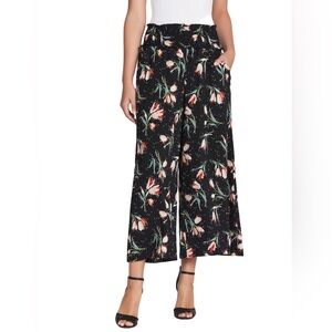 Rebecca Taylor Ikat Tulip Black Floral Silk Wide Leg Bohemian Pant Stretch Waist